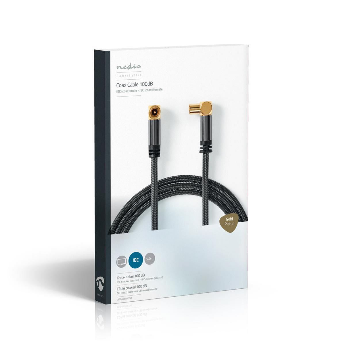 Nedis Coax Cable | IEC (Coax) Male | IEC (Coax) Female | Gold Plated | 75 Ohm | Quad Shielded | 5.00 m | Round | Cotton | Grey / Gun Metal Grey | Cover Window Box