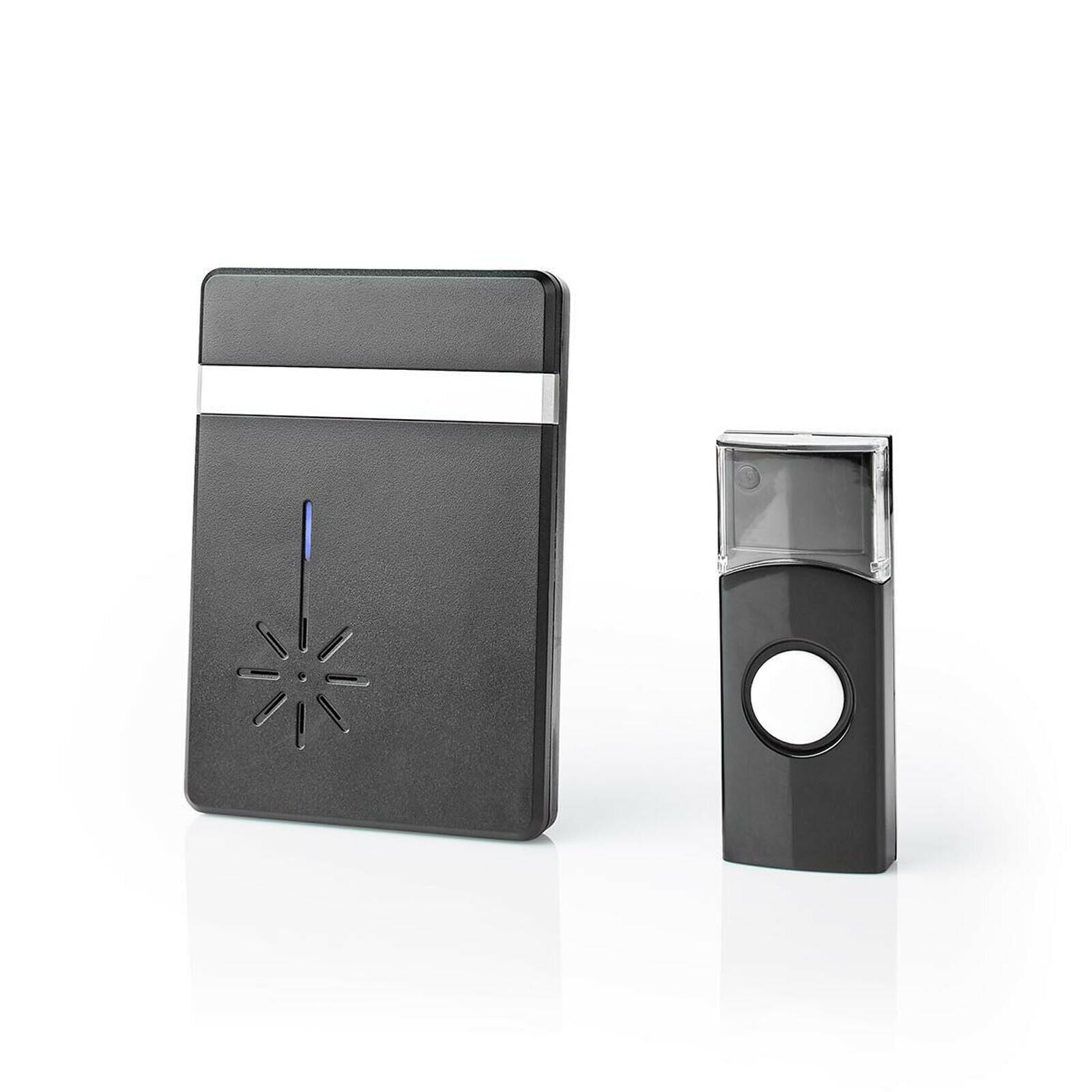 Nedis Wireless Doorbell, Battery Powered Cordless Door Chime Kit with 300m Range, 36 Chimes, Blue LED and 80dB Volume - Black