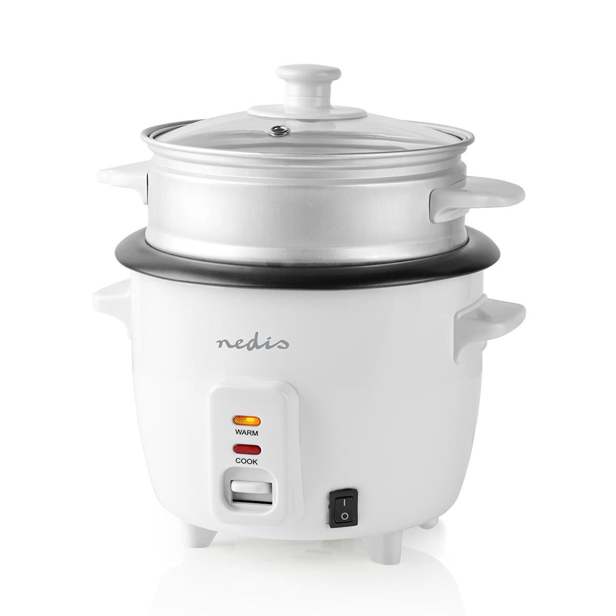 Nedis 0.6L Rice Cooker & Steamer with Keep-Warm Function, 300W, for 1-2 People, Quick Preparation Without Burning, Non-Stick Coating incl. Steamer Insert