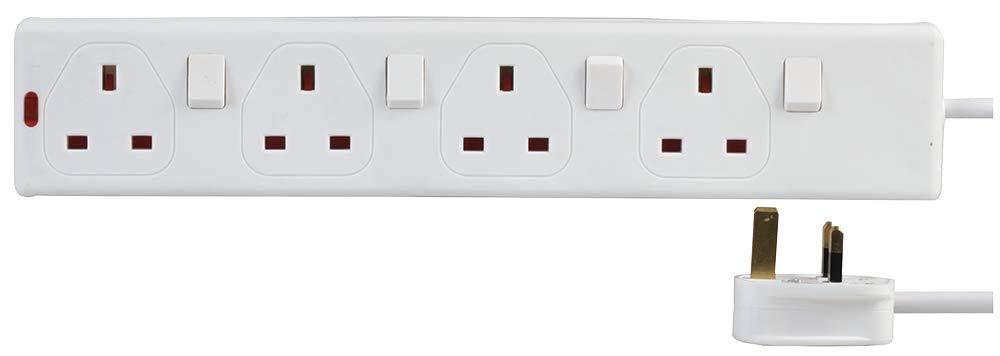 4 Gang 1m Mains Extension Lead Socket Individually Switched 13A - White