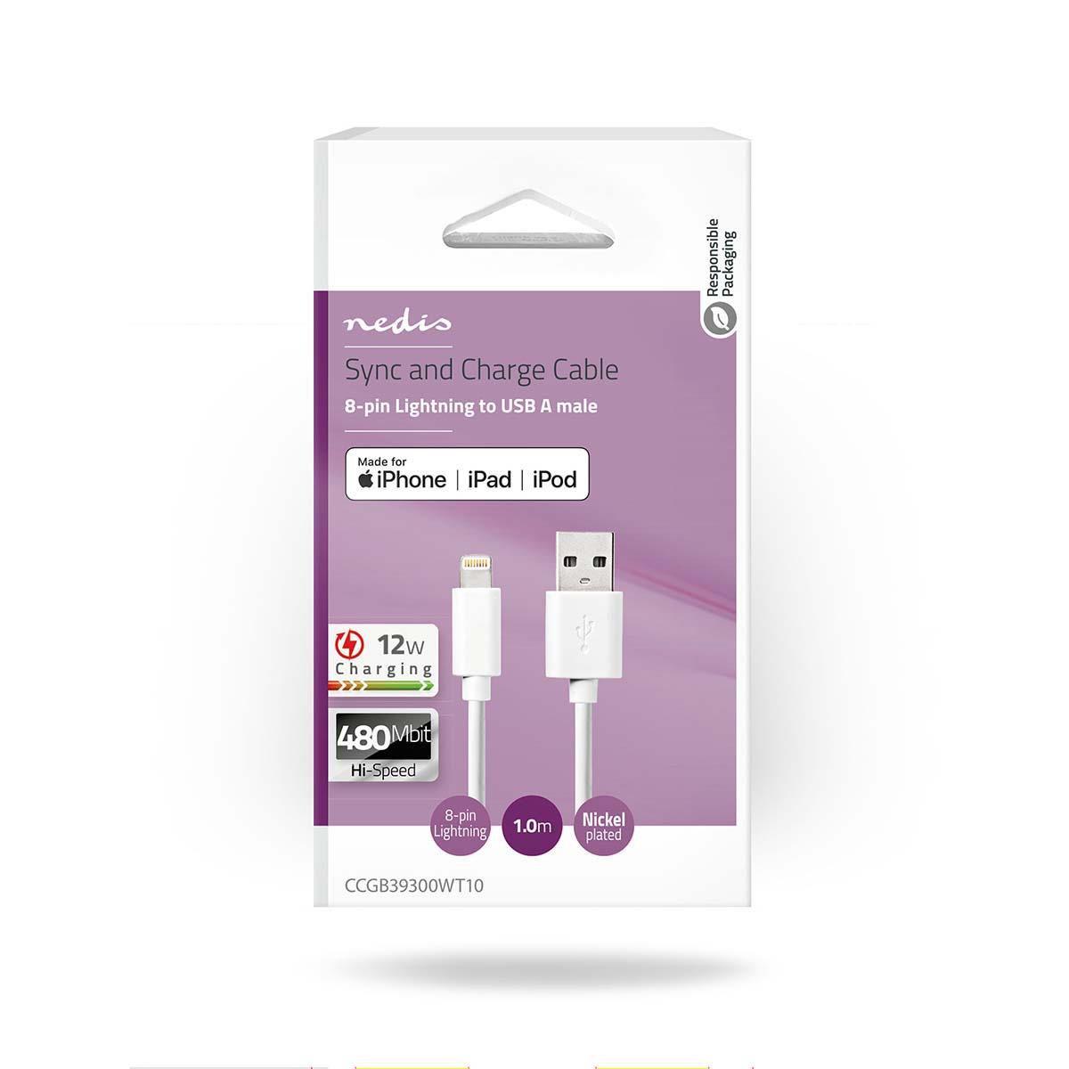 Nedis Lightning Cable | USB 2.0 | Apple Lightning 8-Pin | USB-A Male | 480 Mbps | Nickel Plated | 1.00 m | Round | PVC | White | Box