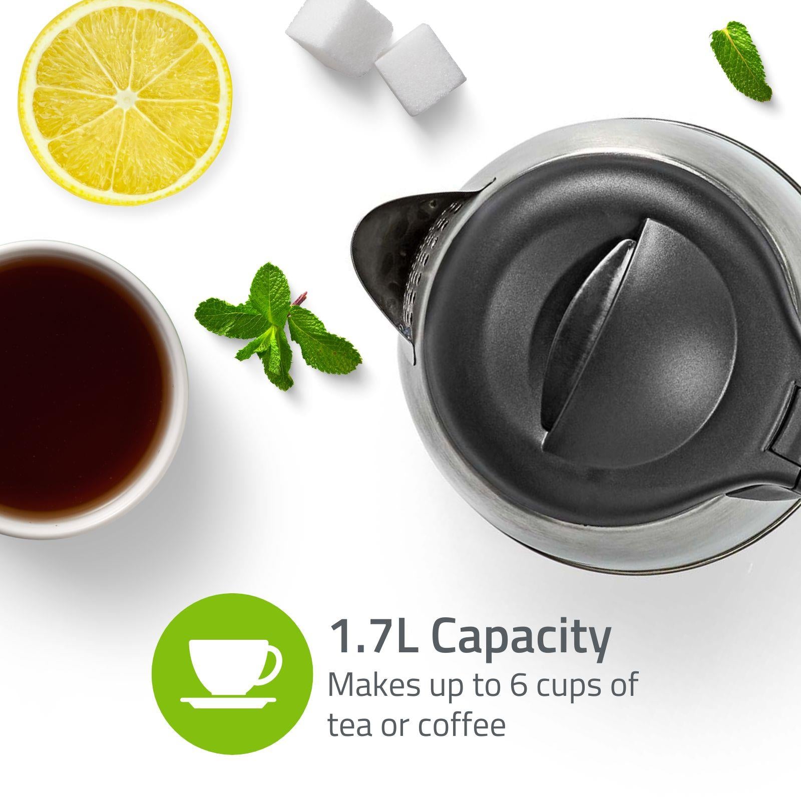 Nedis Electric Kettle, 1.7L, 2200W, Stainless Steel Jug with Quick Boil Time, Boil Dry Protection and Auto Shut Off, Cordless 360° Swivel Base, for Hot Water Tea or Coffee - Silver