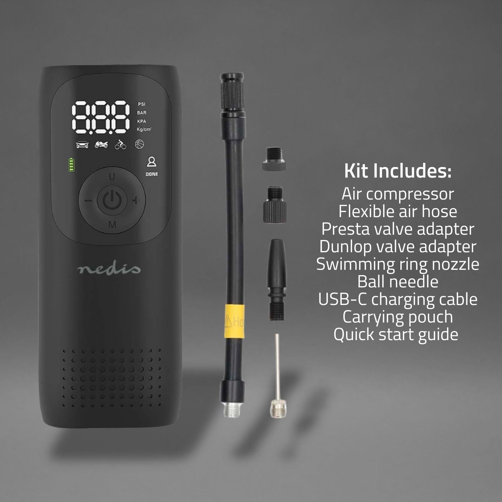Nedis Portable Tyre Inflator, Rechargeable Air Compressor with Digital Display, LED Torch, 150 PSI Max Pressure, USB-C Charging, for Car, Bike, Motorcycle, Footballs, Inflatables & More