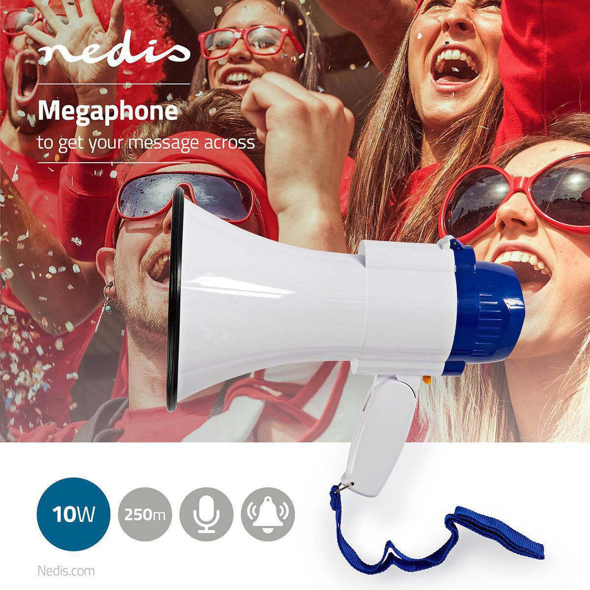 Nedis 10W Megaphone, 250m Range with Built-in Microphone, Siren, Adjustable Volume, Record Function - White & Blue
