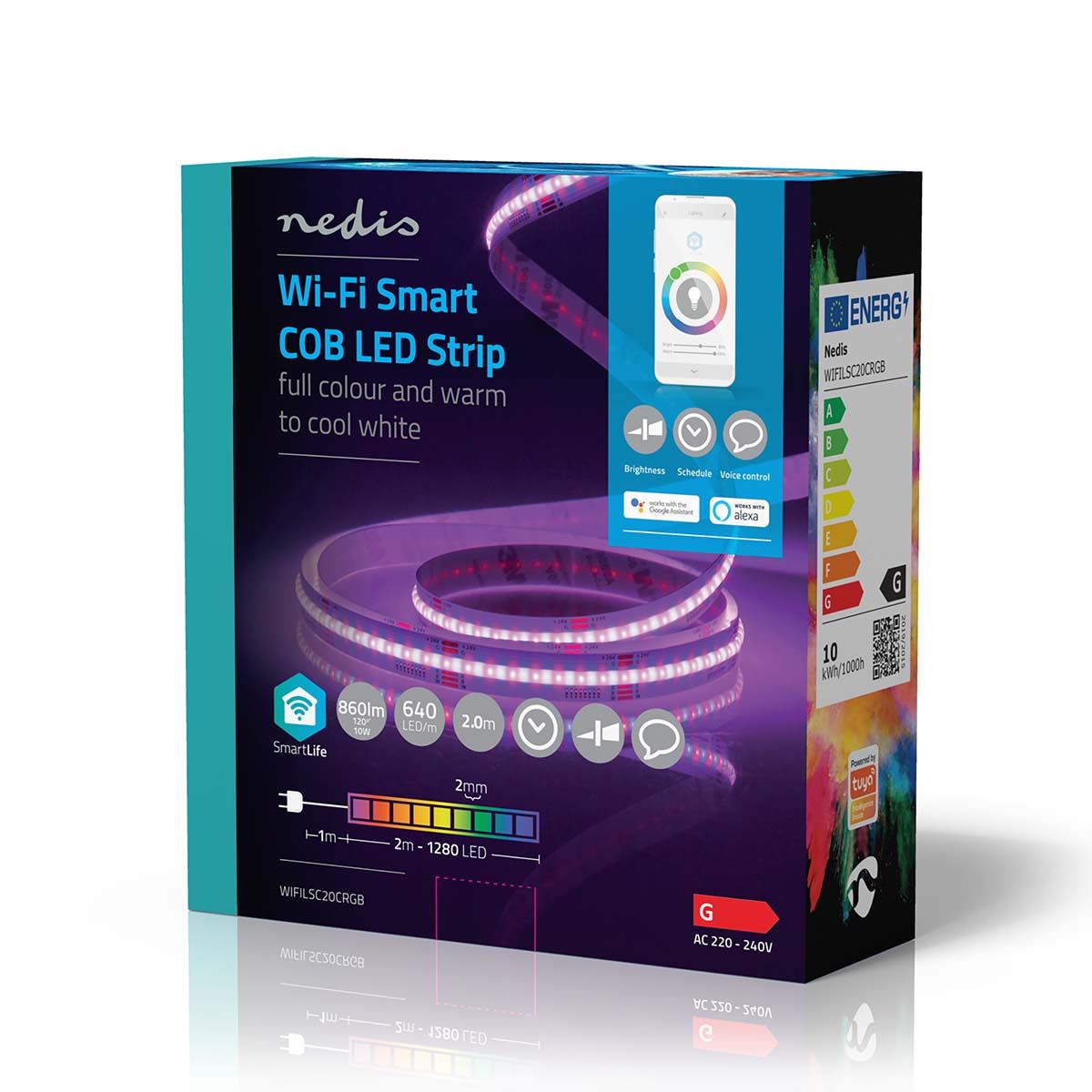 Nedis Smartlife Ultra-Thin 2m COB LED Strip, Warm to Cool White & RGB Colour, Wi-Fi Connected No Hub Required, Adjustable Brightness with Voice Control - Compatible with Google Home & Alexa