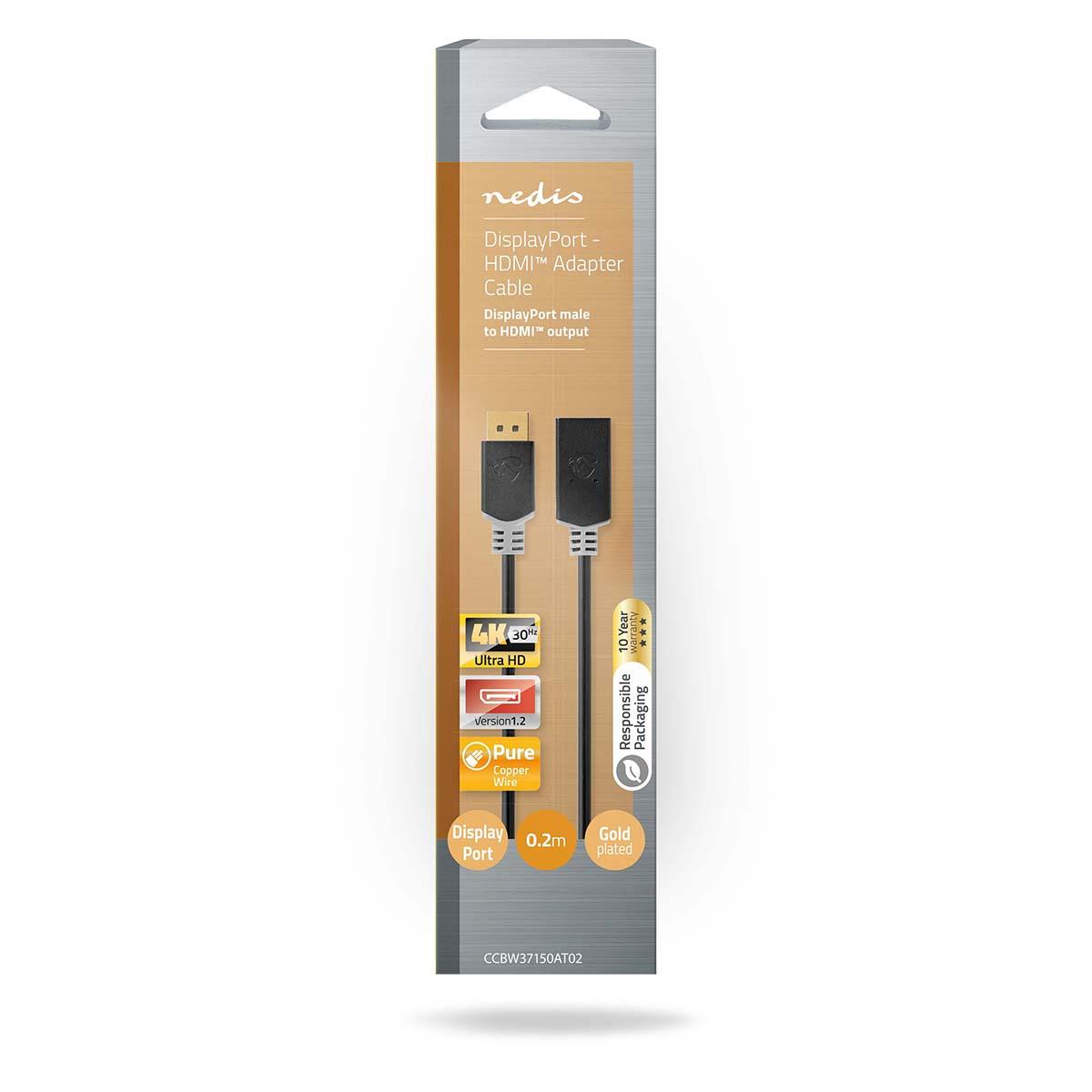 Nedis DisplayPort Cable | DisplayPort Male | HDMI™ Output | 4K@30Hz | Gold Plated | 0.20 m | Round | PVC | Anthracite | Box