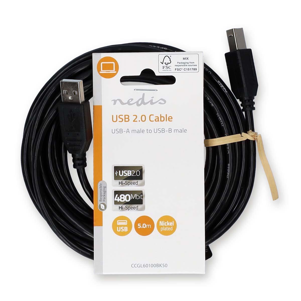 Nedis USB Cable | USB 2.0 | USB-A Male | USB-B Male | 10 W | 480 Mbps | Nickel Plated | 5.00 m | Round | PVC | Black | Label