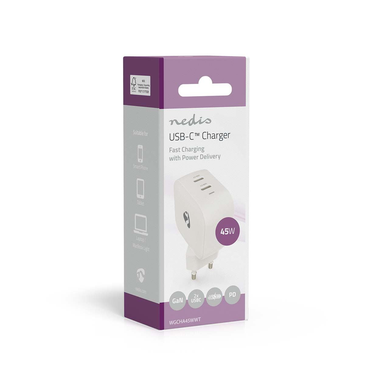 Nedis EU Euro Travel Wall Charger | 45 W | GaN | PD3.0 | Quick charge feature | 2.25 / 3.0 A | Number of outputs: 2 | 2x USB-C™ | Automatic Voltage Selection | White