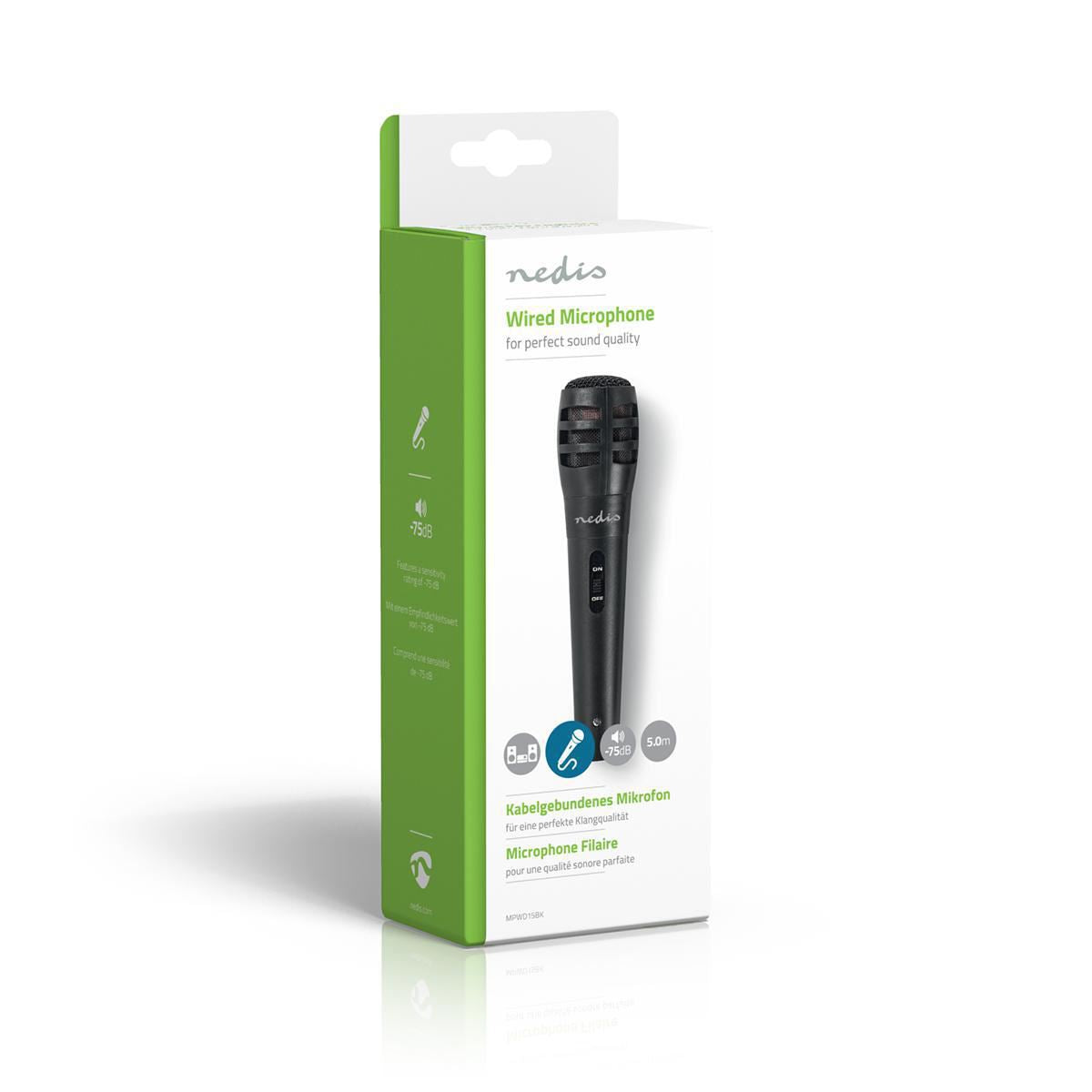 Nedis Uni-Directional Wired 6.5mmm Dynamic Microphone, On /Off, sensitivity 72dB +/- 3dB, 80Hz-13kHz, Wired 5m - Metal Black