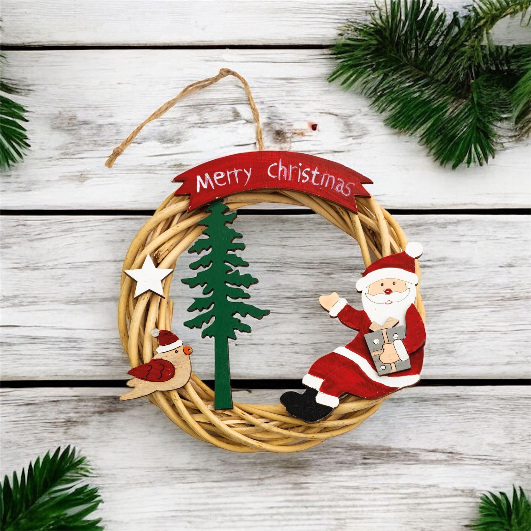 Festive Wicker Christmas Wreath with Santa Claus Design and LED String Light Battery Powered