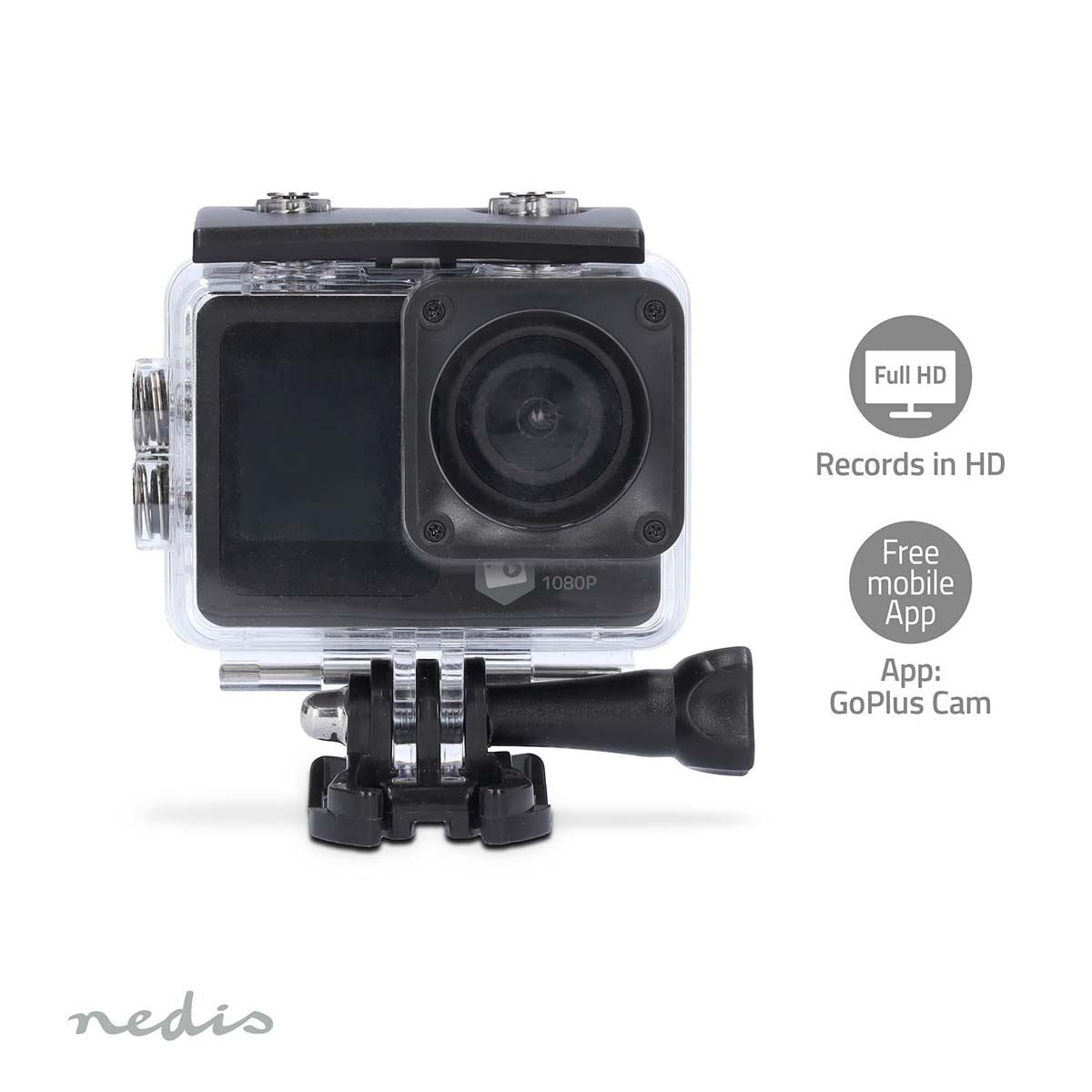 Nedis Dual Screen Wi-Fi Action Cam, 1080p 30fps HD Video, 12MP Photos, 2" TFT Back Screen 1.3" Front Screen, Waterproof 30m, Burst Mode, Loop Recording