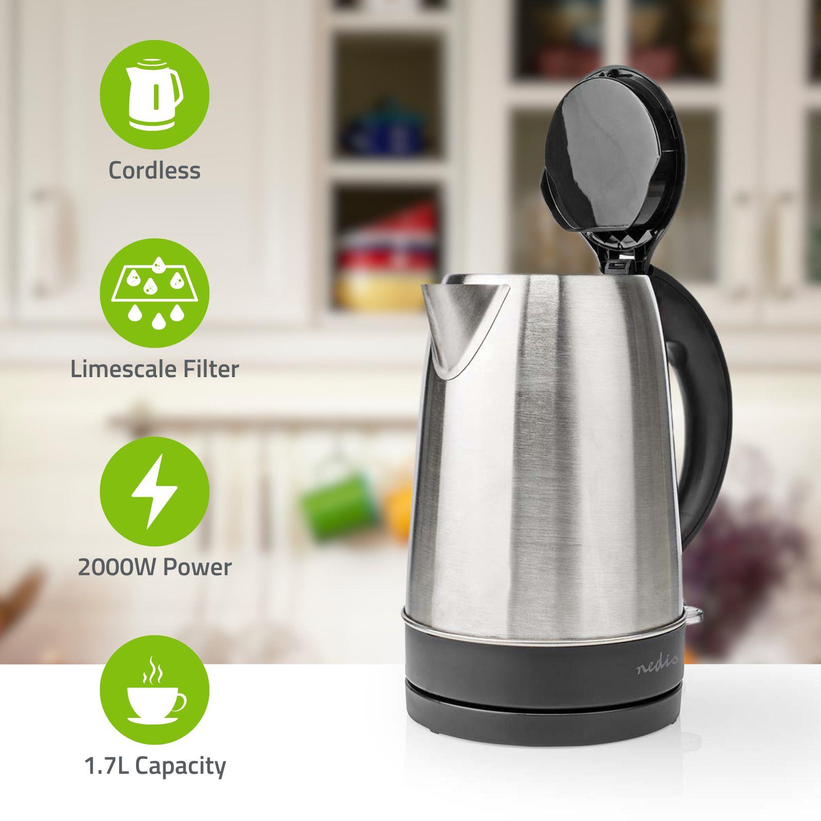 Nedis Electric Kettle, 1.7L, 2200W, Stainless Steel Jug with Quick Boil Time, Boil Dry Protection and Auto Shut Off, Cordless 360° Swivel Base, for Hot Water Tea or Coffee - Silver