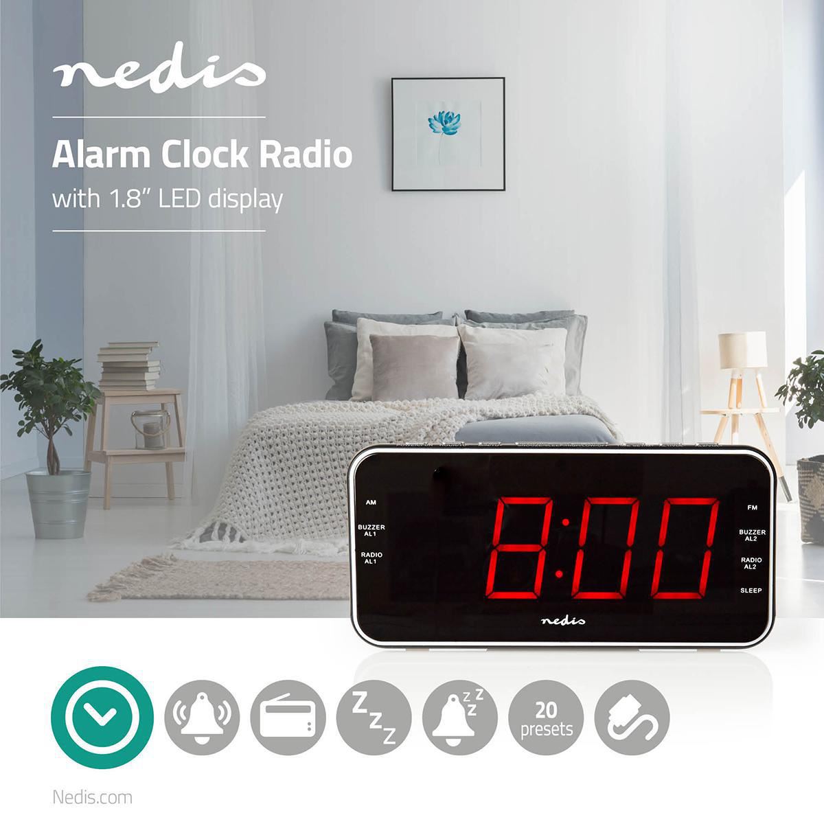 Nedis Digital Alarm Clock Radio | LED | 3.5mm Aux Input | USB Charge | AM / FM | Snooze function | Sleep timer | 2 Alarms | Black