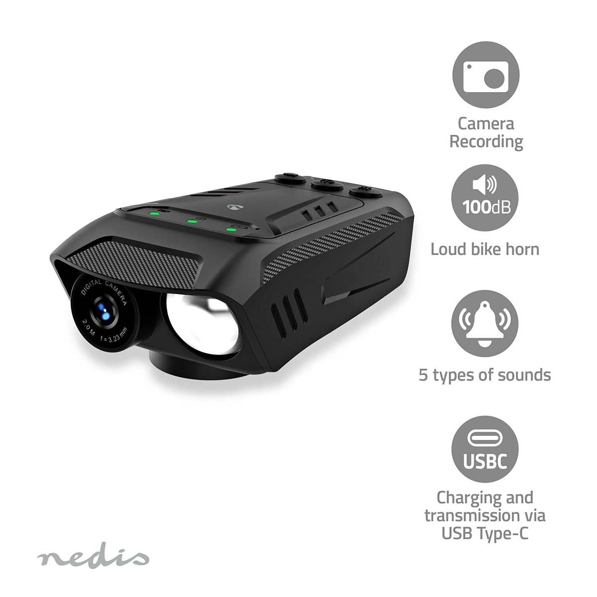 Nedis 3-in-1 Full HD Cycling Camera with Bike LED Head Light & Horn, 1080p 2MP, 600lm Night Mode, Waterproof, USB-C, 10hr Battery, MicroSD Slot � Black