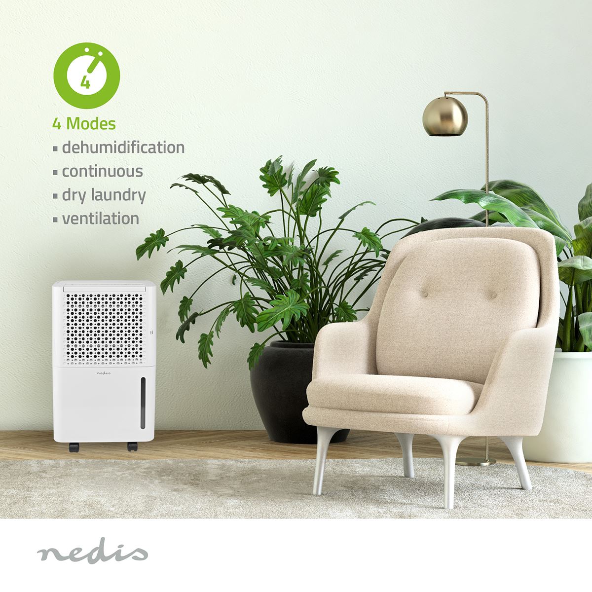 Nedis Dehumidifier 10L/Day, Automatic Dry Function, Laundry Mode, 100 m/h Airflow, White