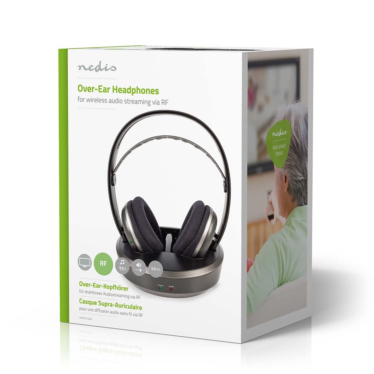 Nedis Wireless TV Headphones | RF, frequency 868 Mhz | Over-Ear | Maximum battery play time: 11 hrs | 100 m | Digital Audio | Charging dock | Black / Silver