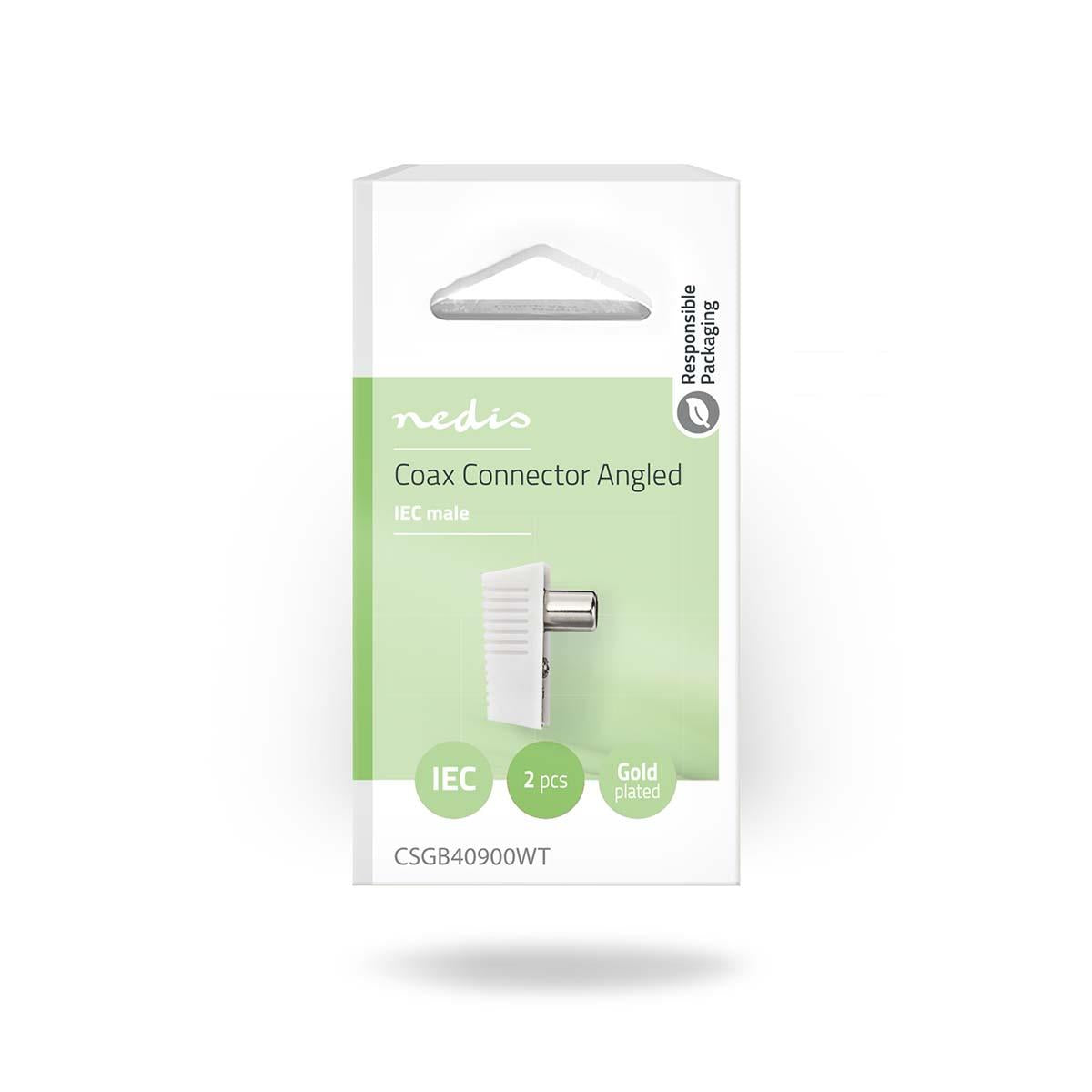 Nedis IEC (Coax) Connector | Angled | Male | Nickel Plated | 75 Ohm | Screw | Cable input diameter: 7.0 mm | Metal / PVC | White | 2 pcs | Box