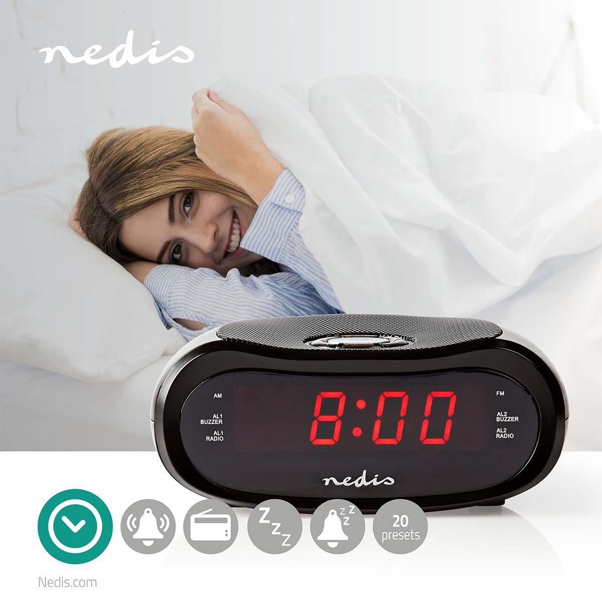 Nedis Digital Alarm Clock Radio | LED | AM / FM | Snooze function | Sleep timer | 2 Alarms | Black