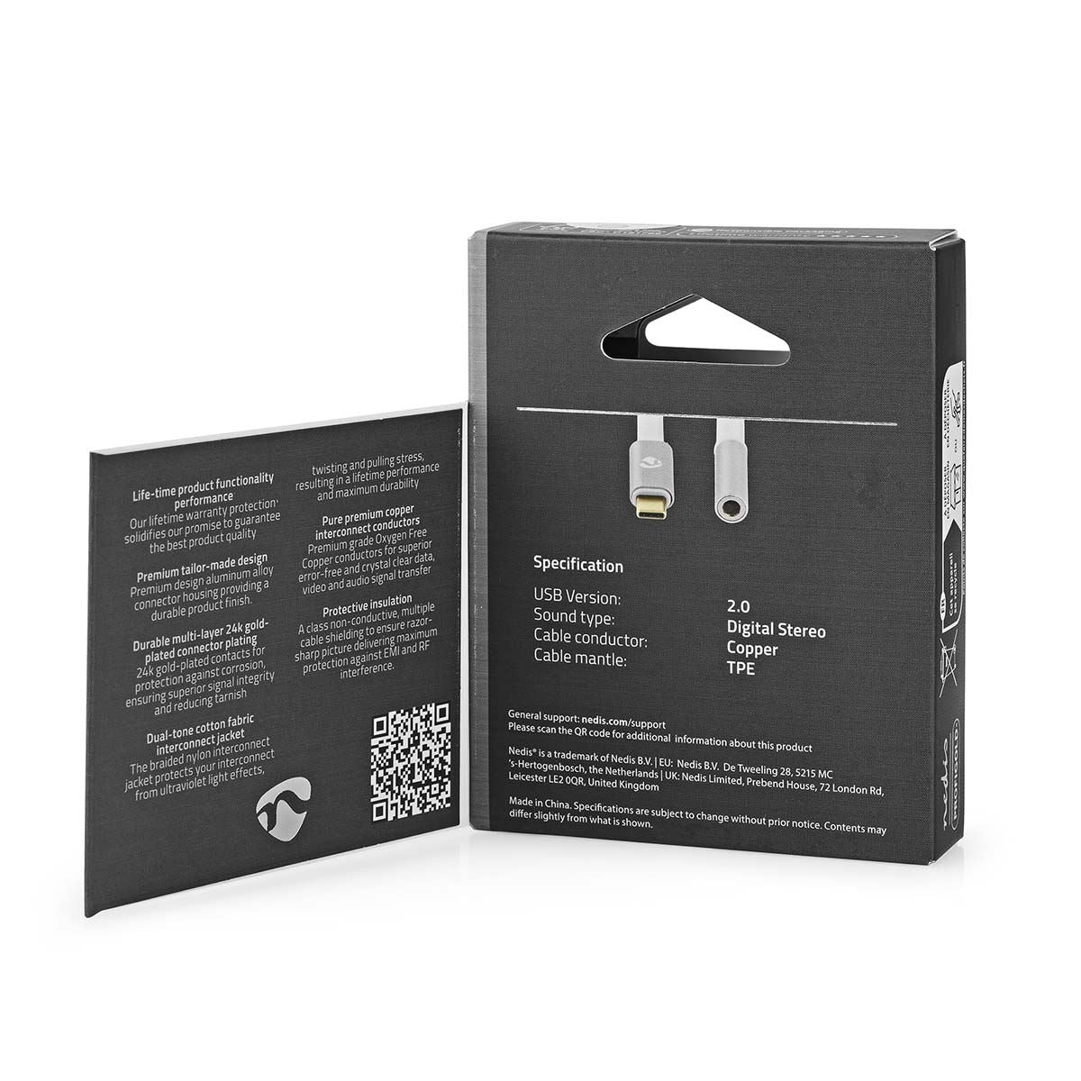 Nedis USB-C™ Adapter | USB 2.0 | USB-C™ Male | 3.5 mm Female | 0.08 m | Round | Gold Plated | Braided / Nylon | Silver / White | Cover Window Box