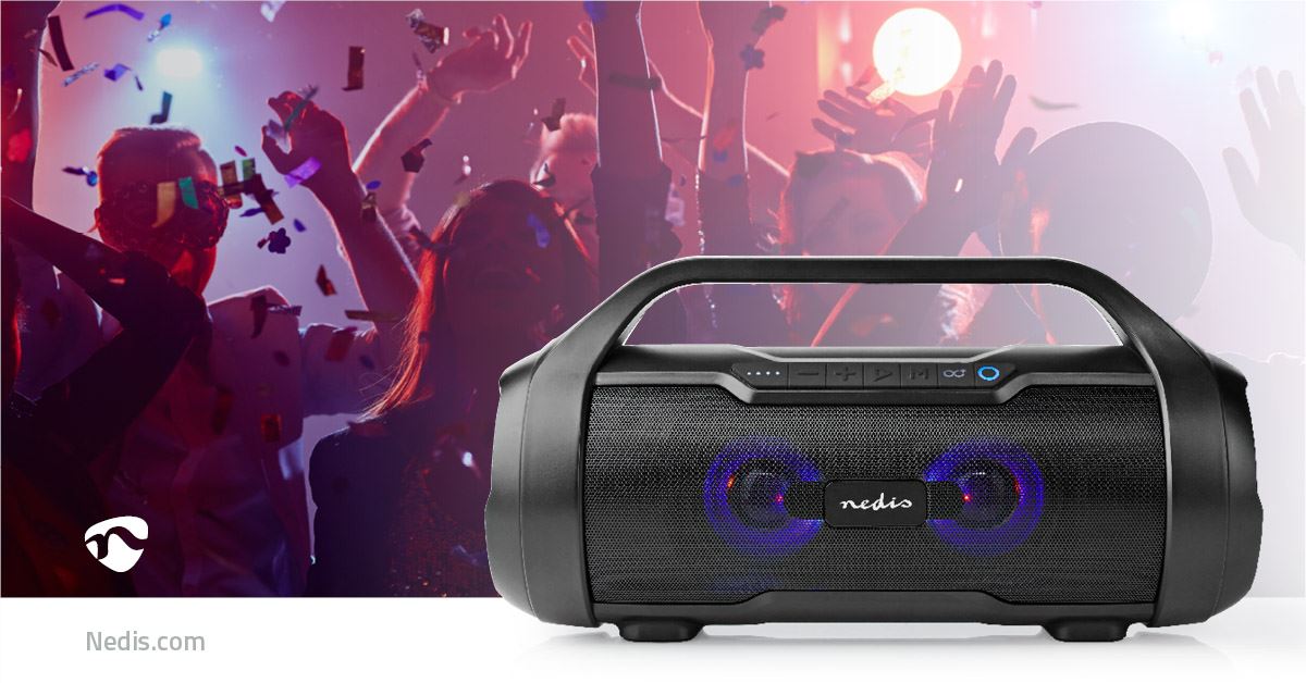 Nedis Bluetooth® Party Boombox | 6 hrs | 2.0 | 80 W | Media playback: AUX / Micro SD / USB | IPX5 | Linkable | Carrying handle | Party lights | Black