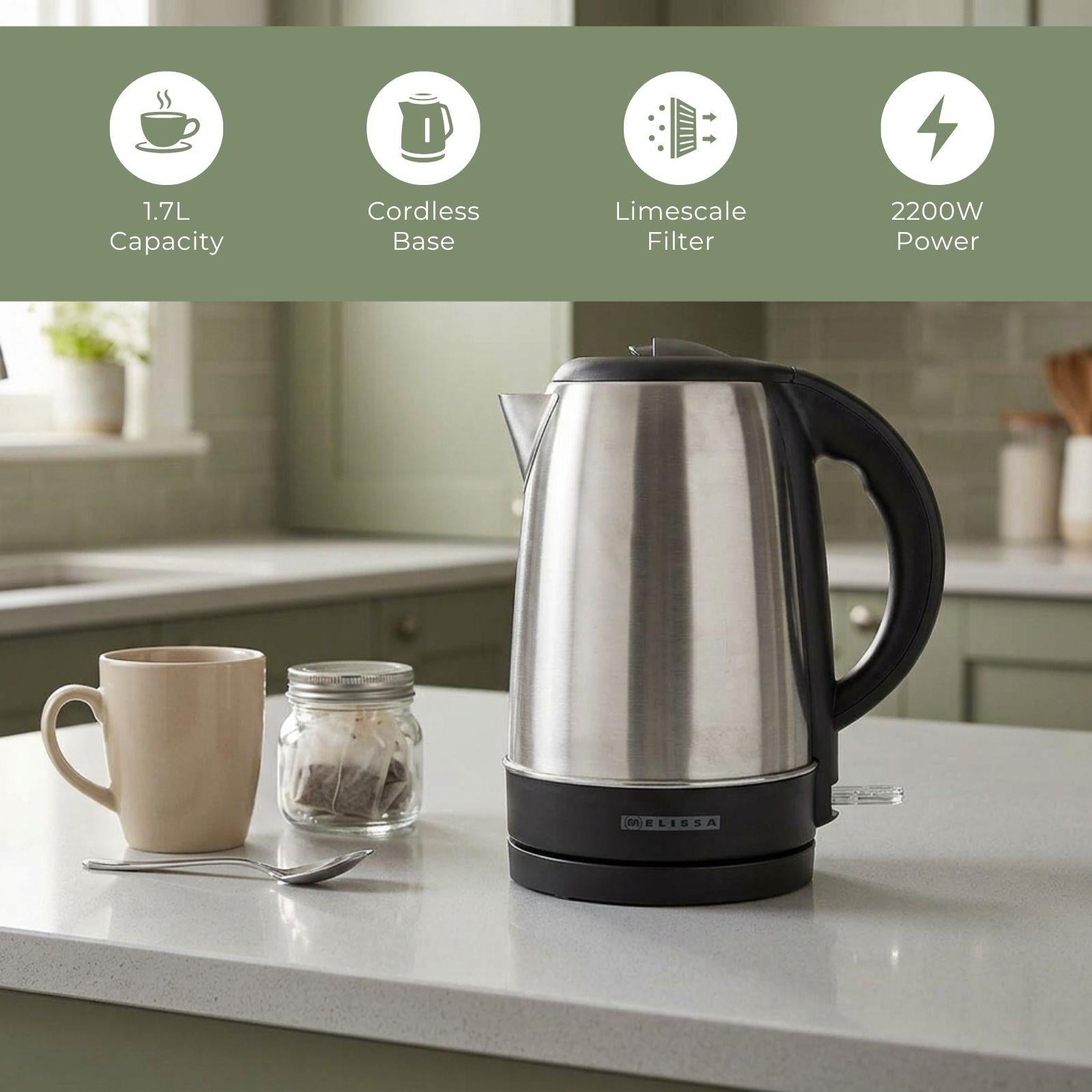 MELISSA Electric Kettle, 1.7L, 2200W, Stainless Steel Jug with Quick Boil Time, Boil Dry Protection and Auto Shut Off, Cordless 360° Swivel Base, for Hot Water Tea or Coffee - Silver