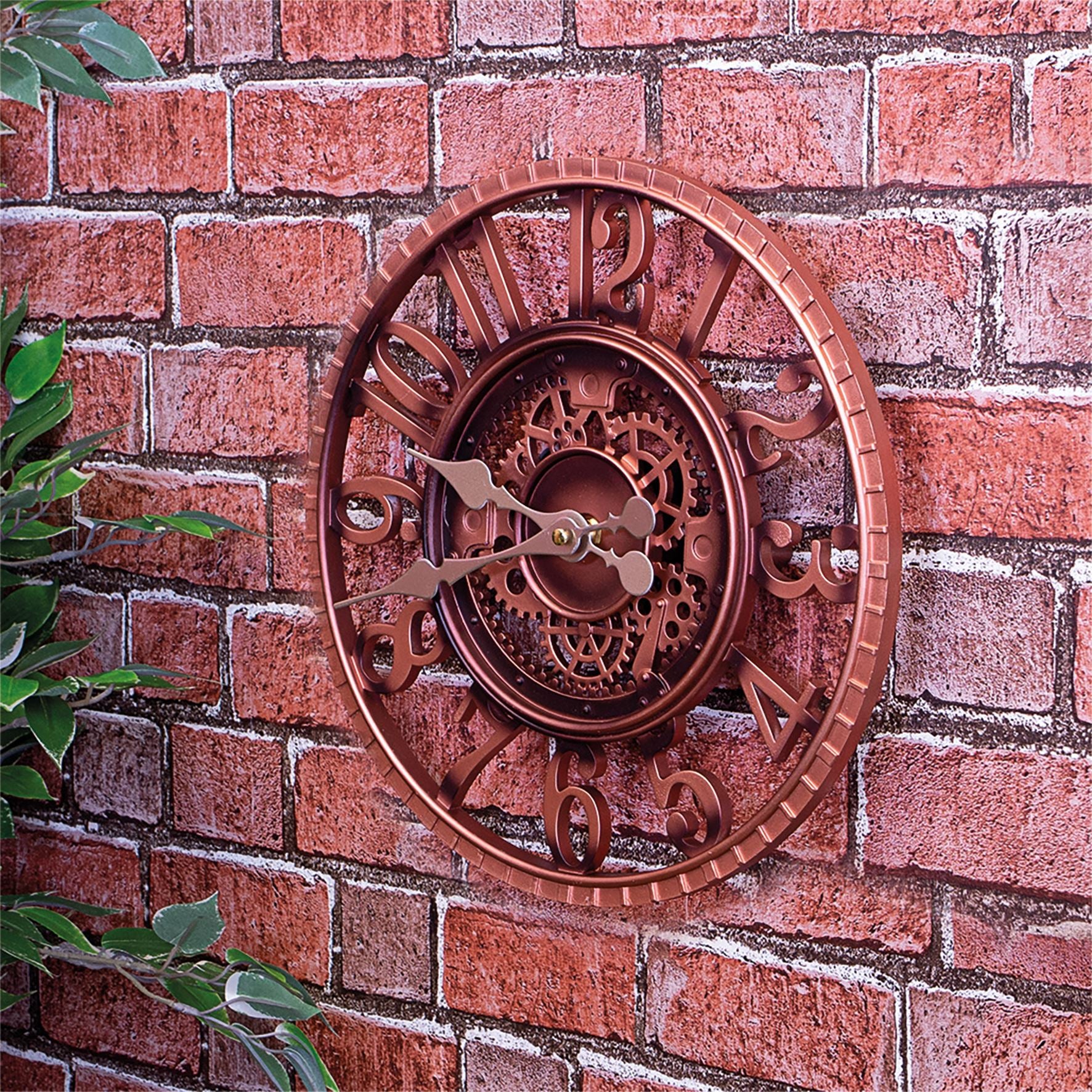 Vintage 30cm Outdoor Wall Clock with Open Face Industrial Cog and Wheel Gear Design for Garden - Bronze
