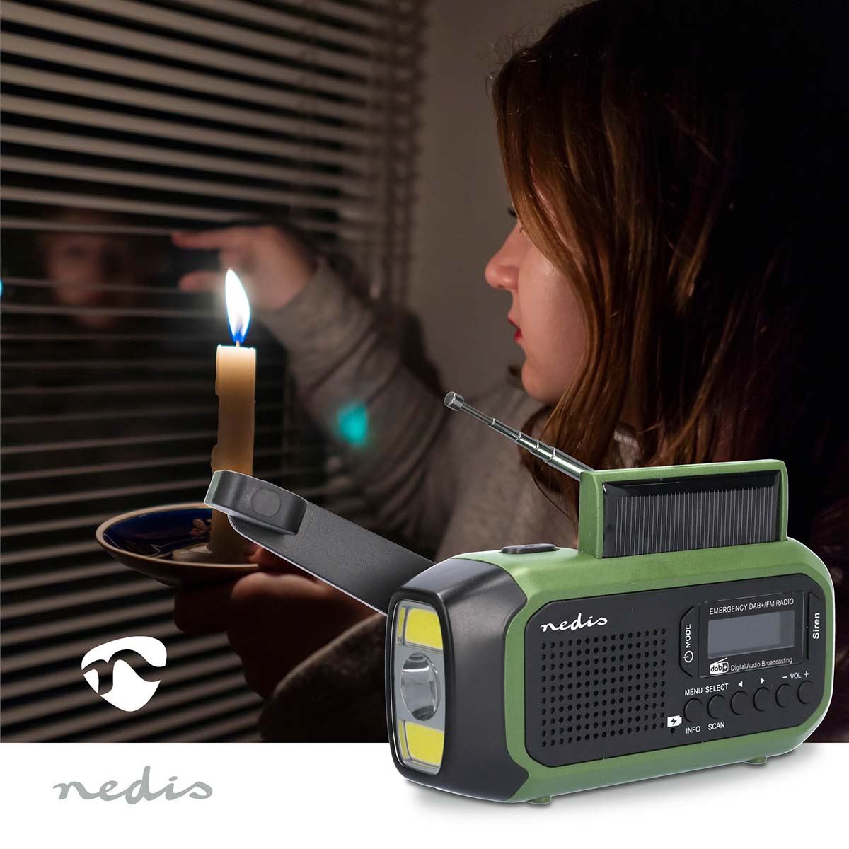Nedis Portable Emergency DAB+/FM Wind Up Radio with Solar Panel & Hand Crank, with 2500mAh Rechargeable USB Power Bank, LED Torch & SOS Alarm, for Camping, Hiking & Outdoor