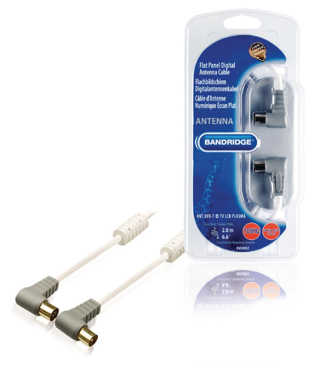 Bandridge 2m Digital TV Ariel Cable Lead Connector Angled Male to Female - White