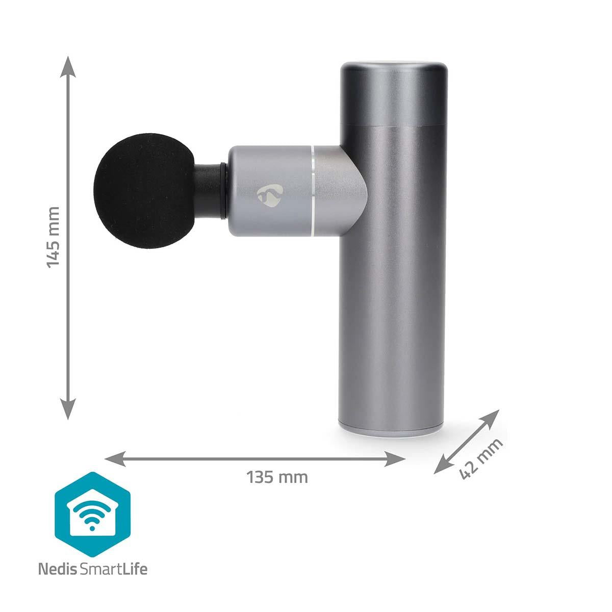 Nedis Smart Bluetooth Mini Ultra Light Sports Massage Gun, 5 Speeds up to 3600 RPM, 4 Attachments, Aluminium Body, Rechargeable - Dark Grey