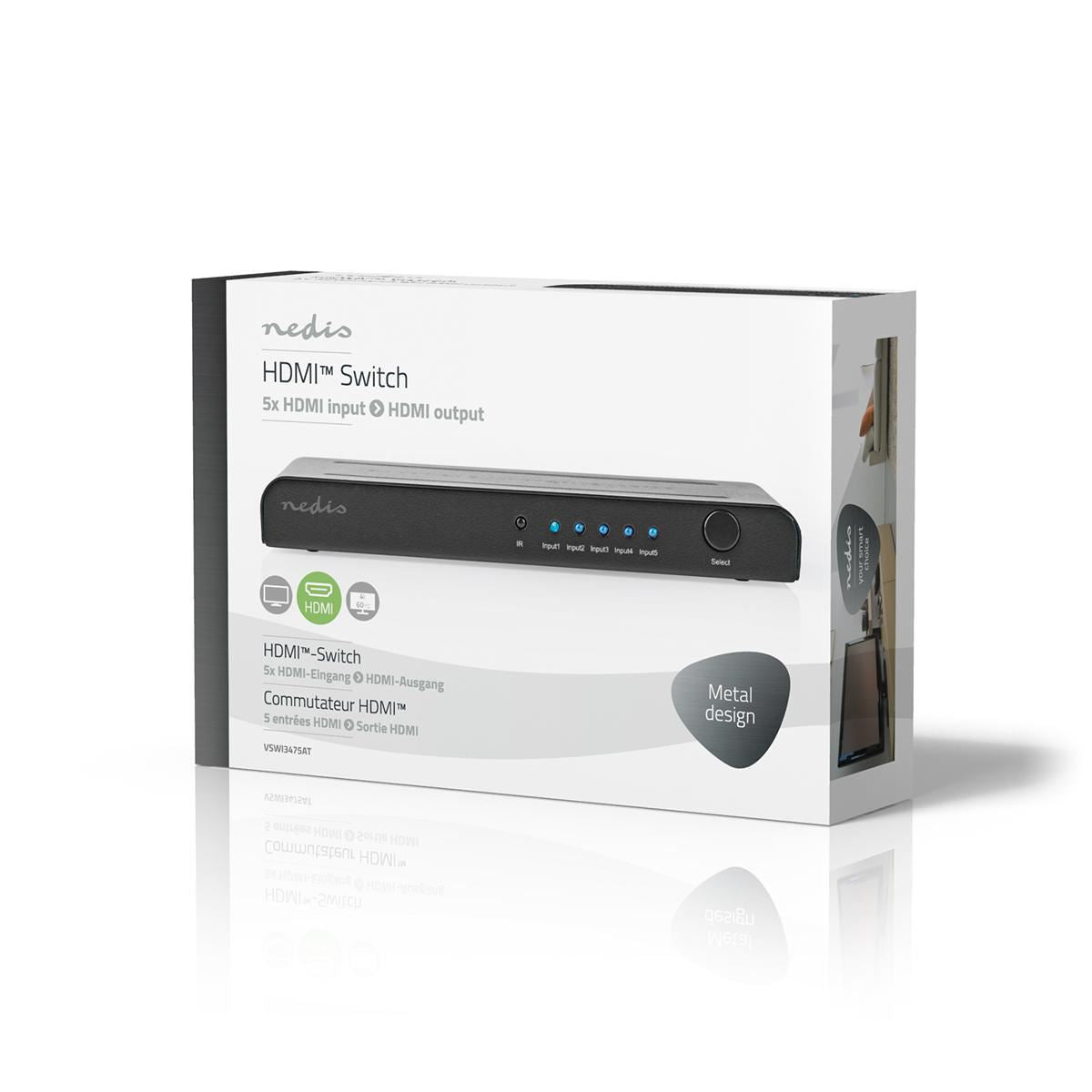 Nedis HDMI™ Switch | 5 port(s) | 5x HDMI™ Input | 1x HDMI™ Output | 4K@60Hz | 18 Gbps | Remote controlled | Metal | Anthracite