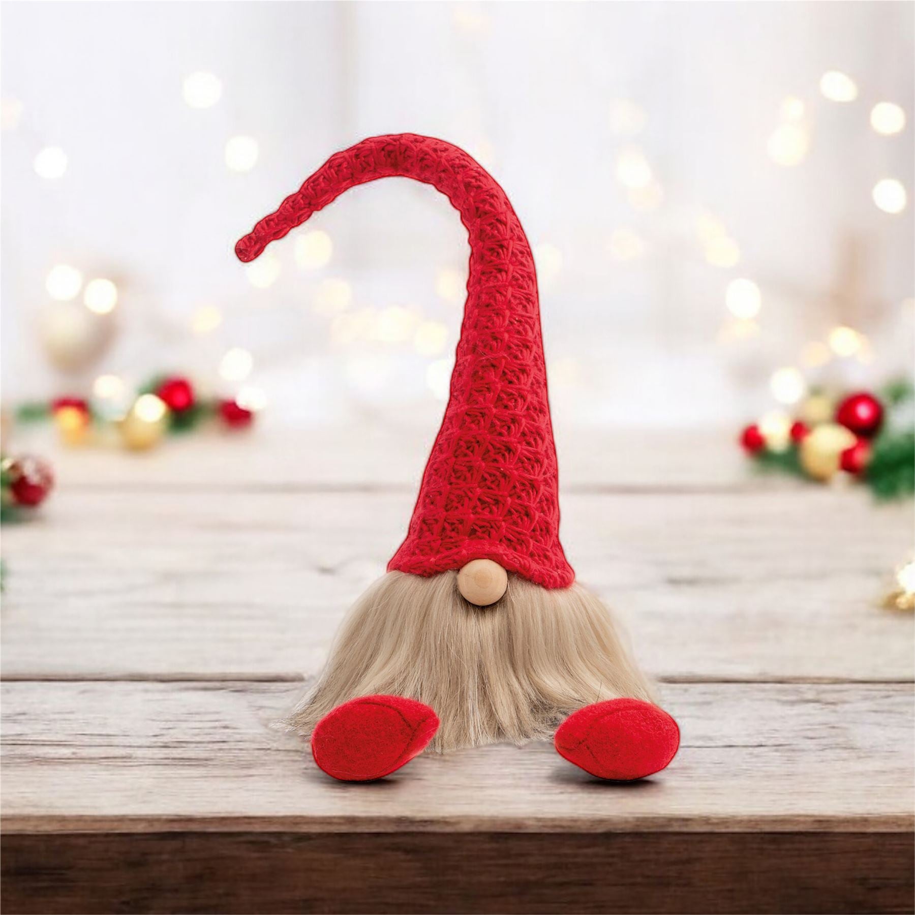 Knitted "Sven" Christmas Sitting Gonk Decoration Nordic Gnome Elf Festive Ornament with Wooden Nose - Red