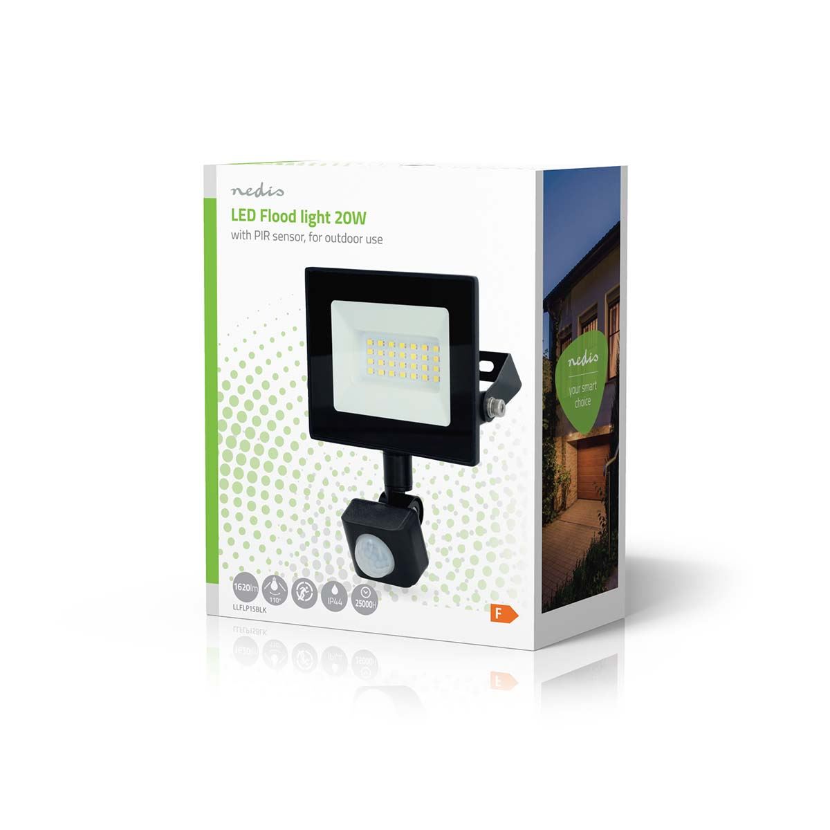 Nedis LED Floodlight with Motion Sensor, 20W Energy Efficient Outdoor Light 1620 Lumens, 4000K Cool White, Adjustable Mounting Bracket, Detection Range 3x8m, Instant Illumination