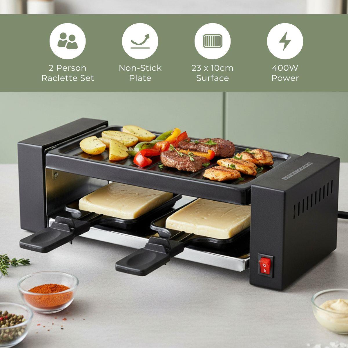 MELISSA Electric Raclette Gourmet Grill, 2 Person Indoor Non-Stick Tabletop Cooker, Removable Hot Plate, with 2 x Mini Cheese Pans & Spatulas, 400W