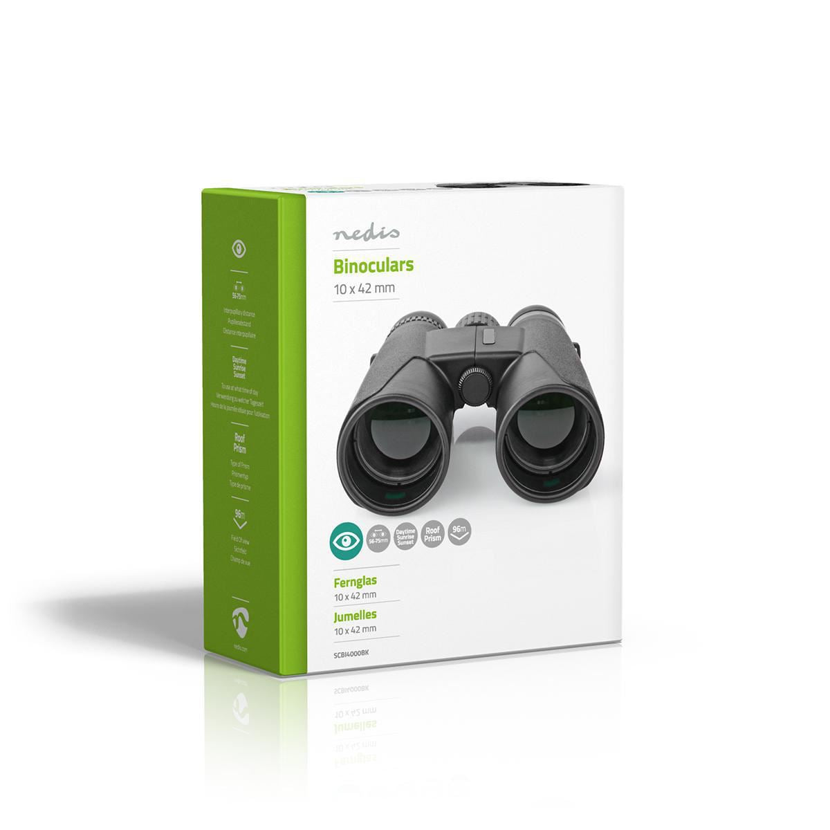 Nedis Binoculars 10x42 Roof Prism, Lightweight Travel Model with Rubber Grip, Dioptric Correction & 12mm Eye Relief for Spectacle Wearers, Black, Blue Lens