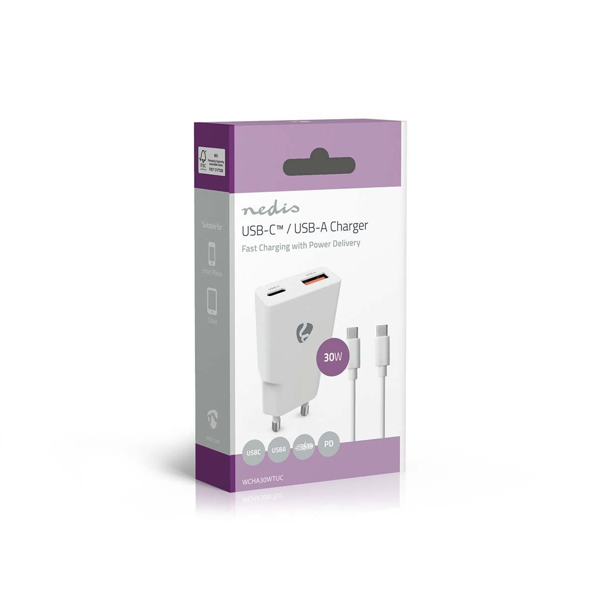 Nedis EU Euro Travel Wall Charger | 30 W | GaN | PD3.0 30W | Quick charge feature | 1.5 / 2.0 / 2.5 / 3.0 A | Number of outputs: 2 | USB-A / USB-C™ | USB-C™ (Loose) Cable | 1.50 m | Automatic Voltage Selection | White