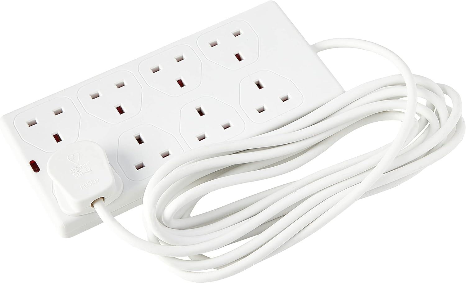 8 Gang 1m Mains Extension Lead Socket 13A - White