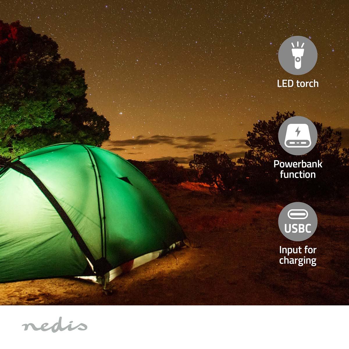 Nedis Portable Emergency DAB+/FM Wind Up Radio with Solar Panel & Hand Crank, with 2500mAh Rechargeable USB Power Bank, LED Torch & SOS Alarm, for Camping, Hiking & Outdoor