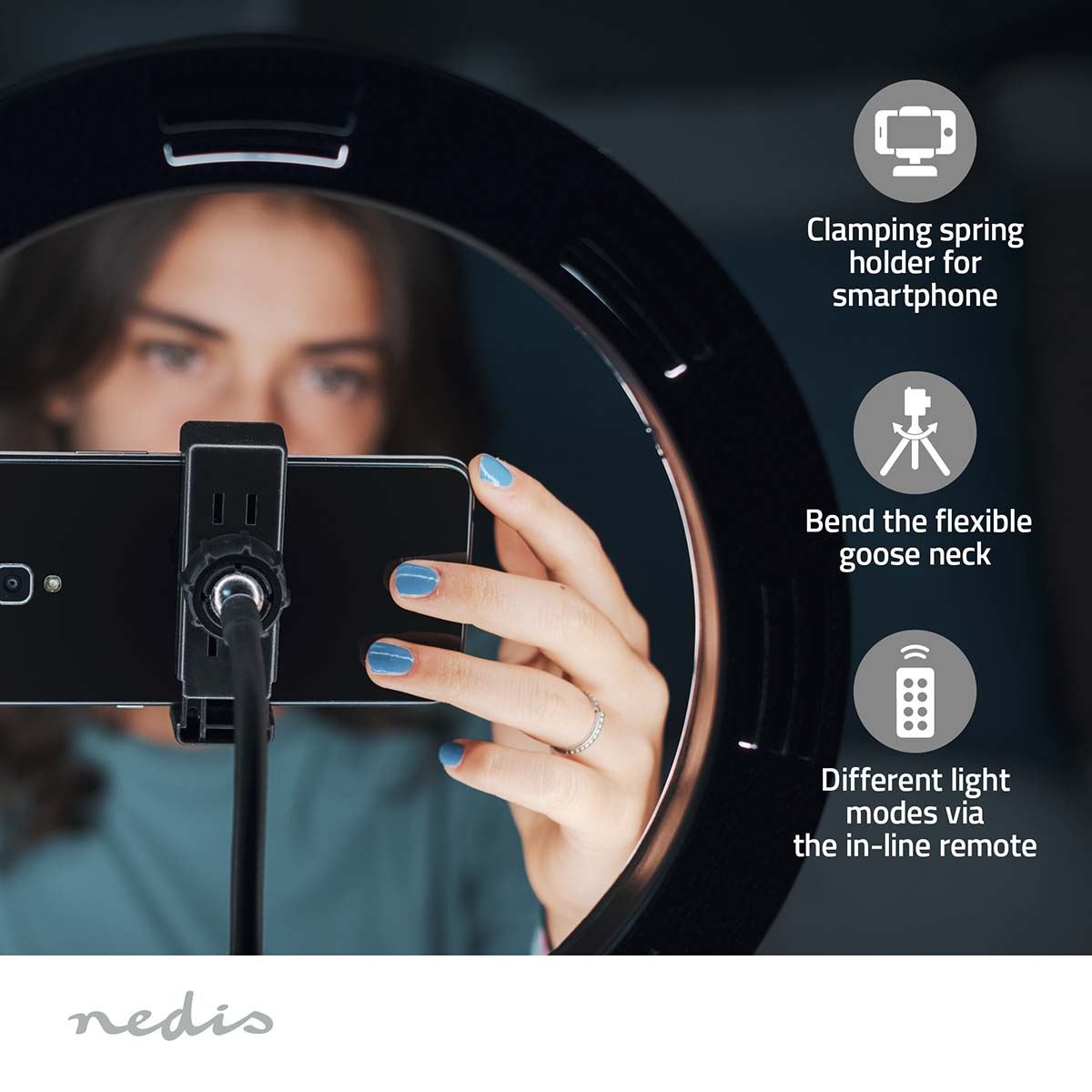Nedis Ring Light, 10" LED Ring Lamp with 120 LEDs on Tripod Stand, USB Powered, with Flexible Phone Holder, 10 Light Modes