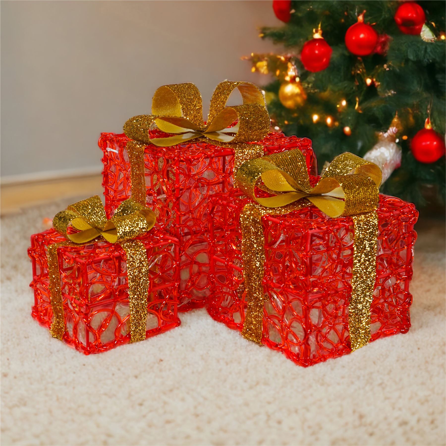 Set of 3 LED Light Up Christmas Gift Present Box Decoration Battery Operated With Timer 8 Patterns and 60 LED's - Red