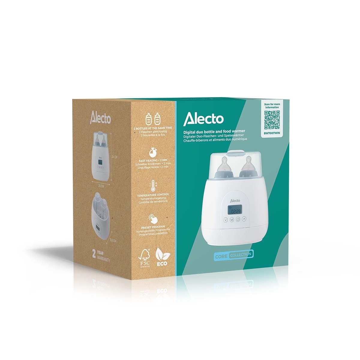 Alecto 2 Bottle Warmer, Baby Double Bottle Sterilizer with Digital Display and Temperature Control in Minutes, Portable Mam Bottle Warmer for Breastmilk, Food, Formula for Travel and Home Use