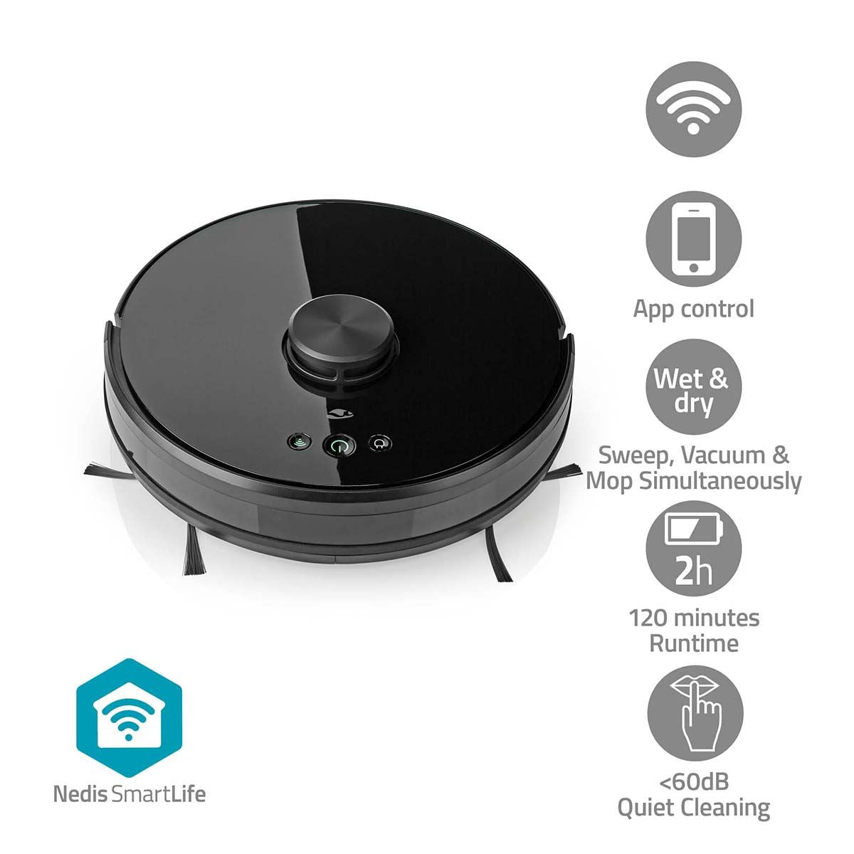 Nedis SmartLife Robot Vacuum Cleaner | Laser Navigation | Wi-Fi | Capacity collection reservoir: 0.6 l | Automatic charging | Maximum operating time: 2 hrs | Black | Android™ / IOS