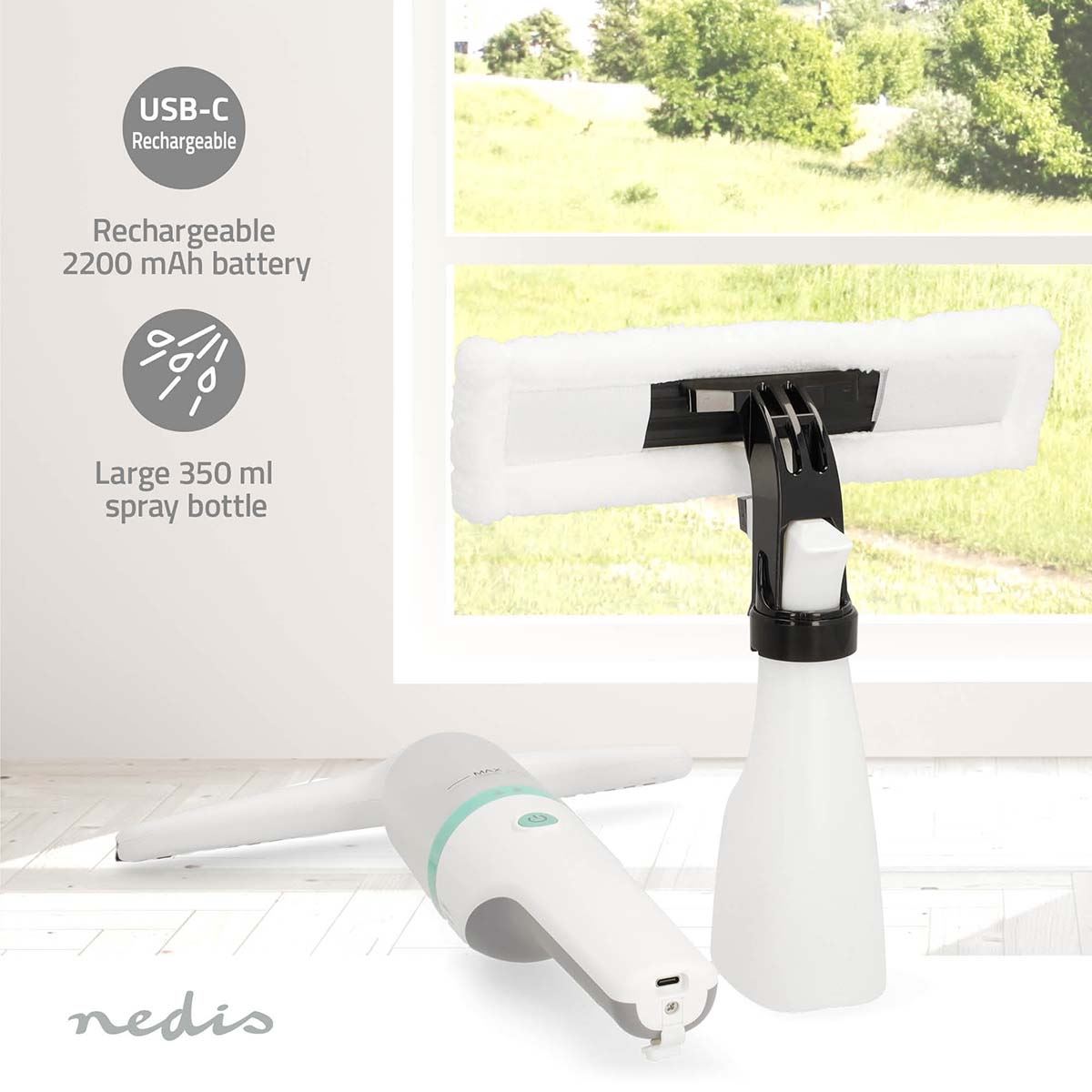 Nedis Window Vacuum Cleaner | 12 W | 1200 Pa | Capacity dirty water tank: 60 ml | Removable dirty water tank | Green / White