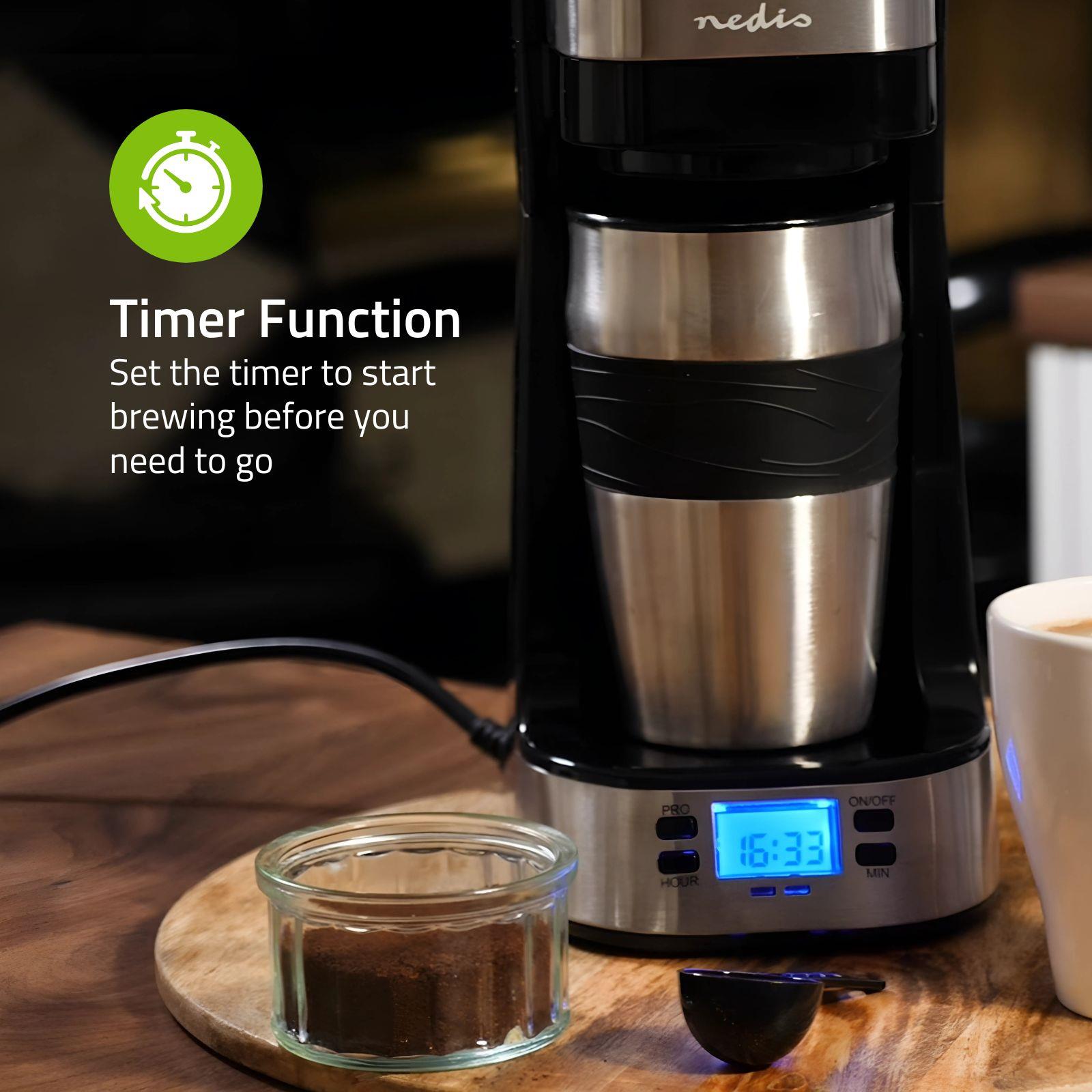 Nedis Single Serve 1 Cup Coffee Maker Digital Machine and Double Wall Insulated Travel Mug, with Timer, Stainless Steel, 420ml, Black