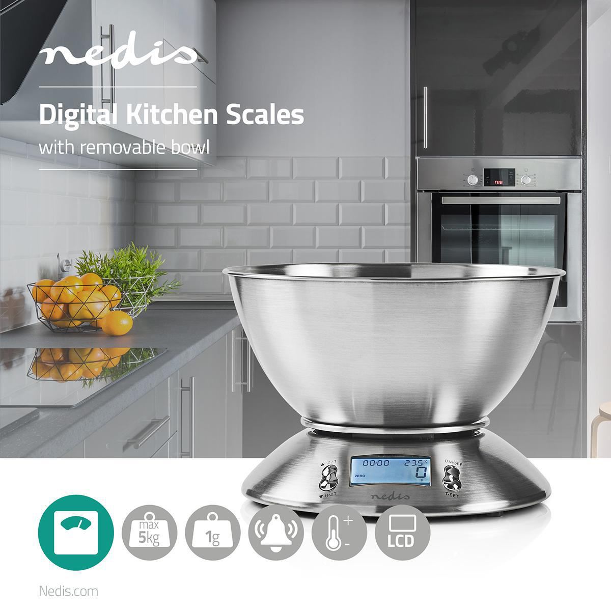 Nedis Digital Kitchen Scales | Illuminated LCD | Temperature | Alarm Clock | Metal