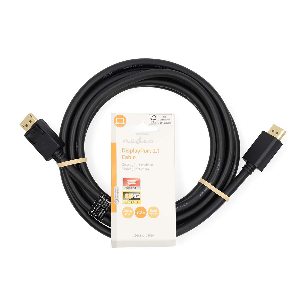 Nedis DisplayPort Cable | DisplayPort Male | DisplayPort Male | 8K@60Hz | Gold Plated | 3.00 m | Round | PVC | Black | Label