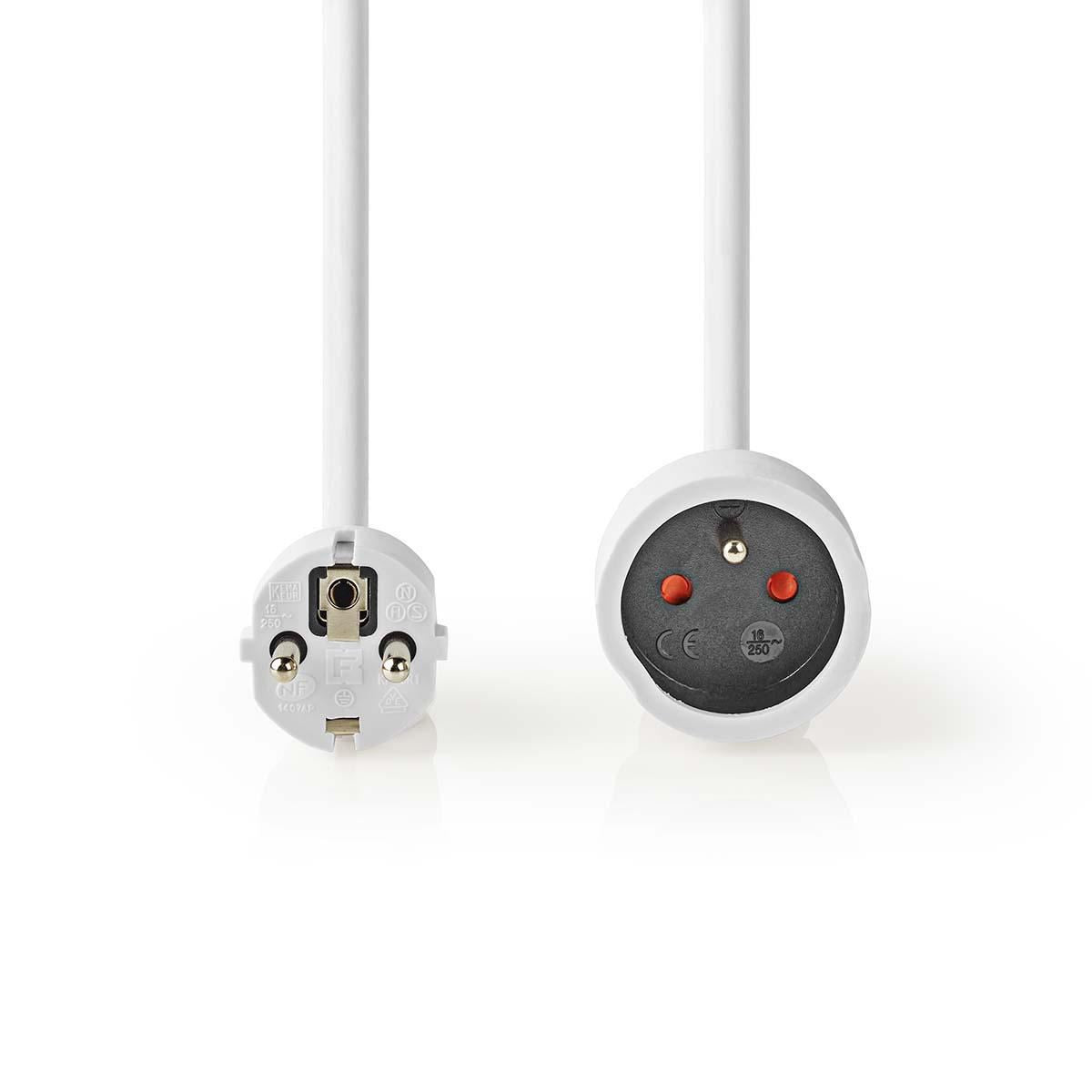 Nedis EU Shuko Power Extension Cable | Plug with earth contact male | Plug with earth contact female | Straight | Straight | Nickel Plated | 10.0 m | Round | White | Shrink Pack