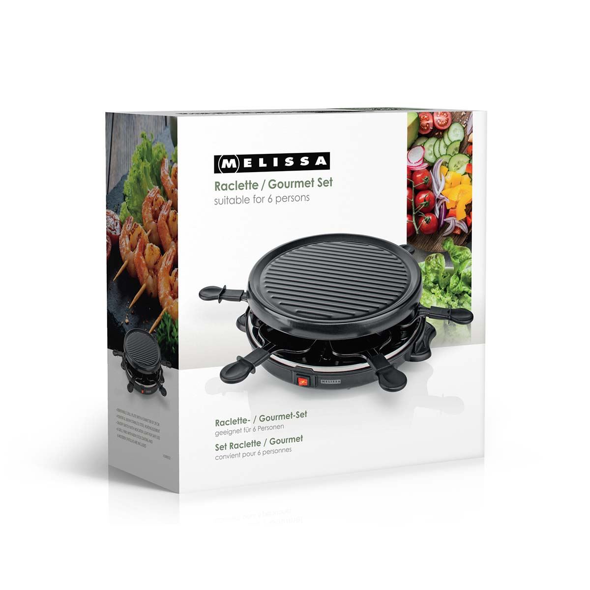 MELISSA Electric Raclette Gourmet Grill, 6 Person Indoor Non-Stick Tabletop Cooker, Removable Round Hot Plate, with 6 x Mini Cheese Pans & Spatulas, 800W