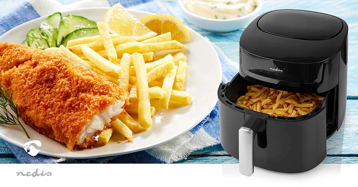 Nedis 7.2L Hot Air Fryer XXL for Healthy Low Fat Cooking, with Adjustable Temperature, Digital Display Control, 8 Presets and 60 Minute Timer, 1800W - Black