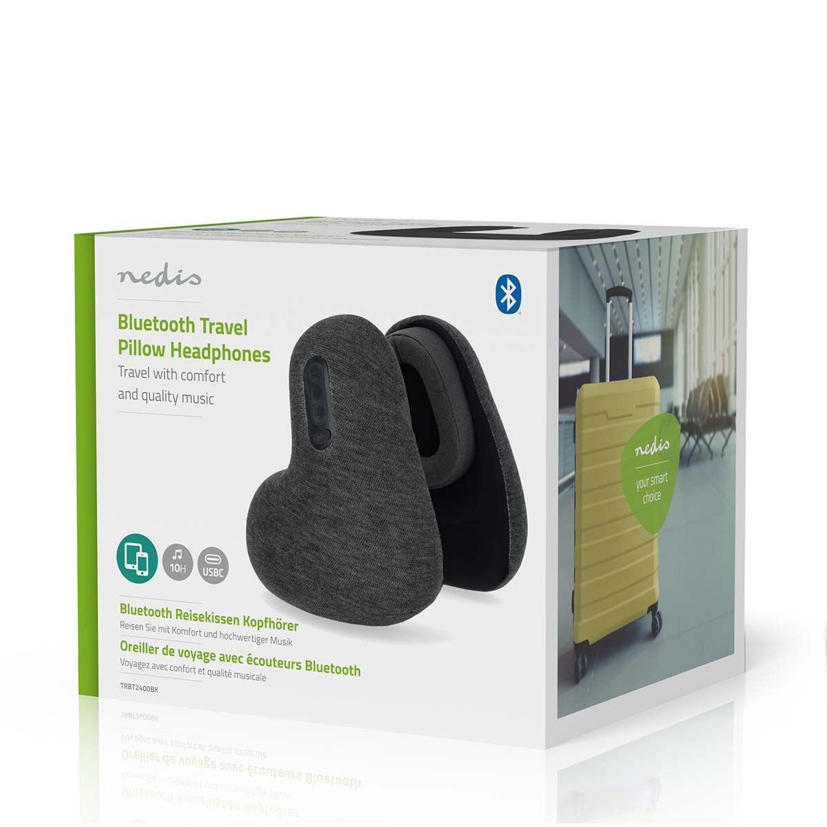 Nedis Travel Pillow with Built-In Bluetooth 5.3 Headphones, Wireless Over-Ear Design, Memory Foam, Passive Noise Cancelling, Hands-Free Calls, USB-C Charging