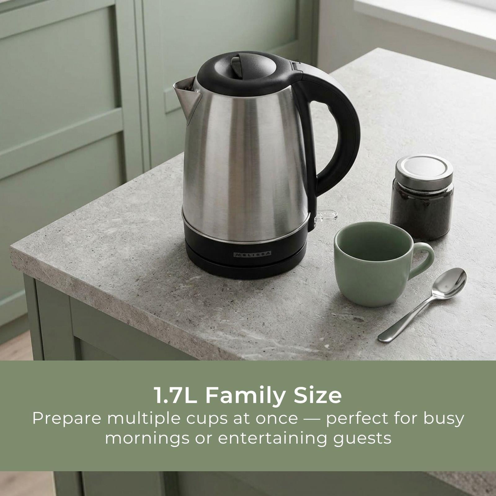 MELISSA Electric Kettle, 1.7L, 2200W, Stainless Steel Jug with Quick Boil Time, Boil Dry Protection and Auto Shut Off, Cordless 360° Swivel Base, for Hot Water Tea or Coffee - Silver